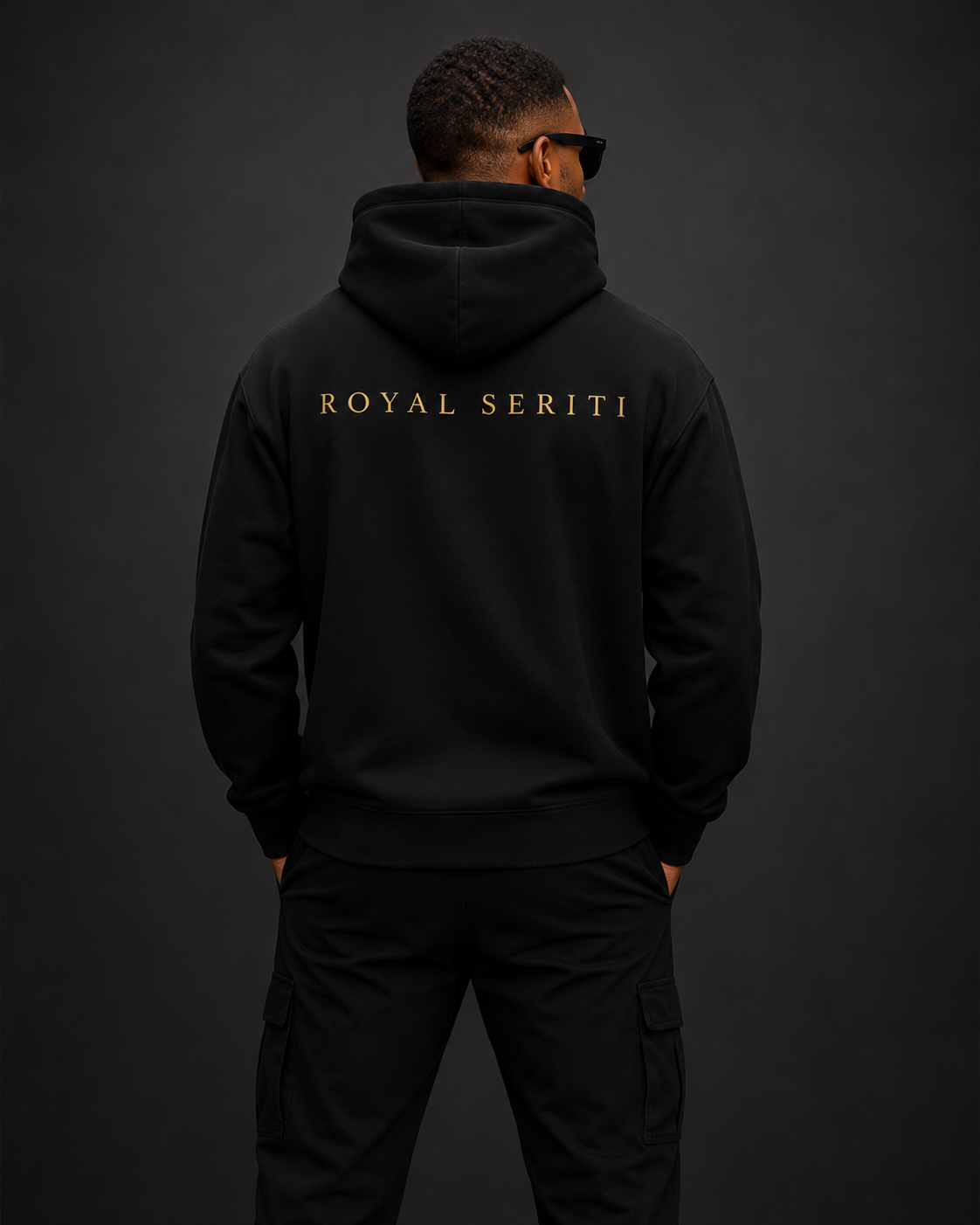 Rear view of a black Royal Seriti hoodie