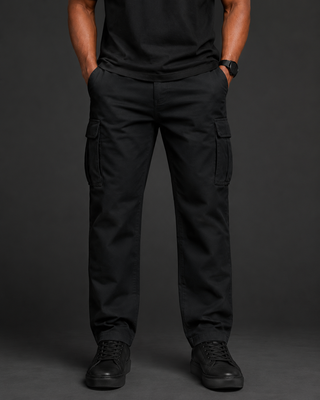Close-up of black Royal Seriti cargo pants