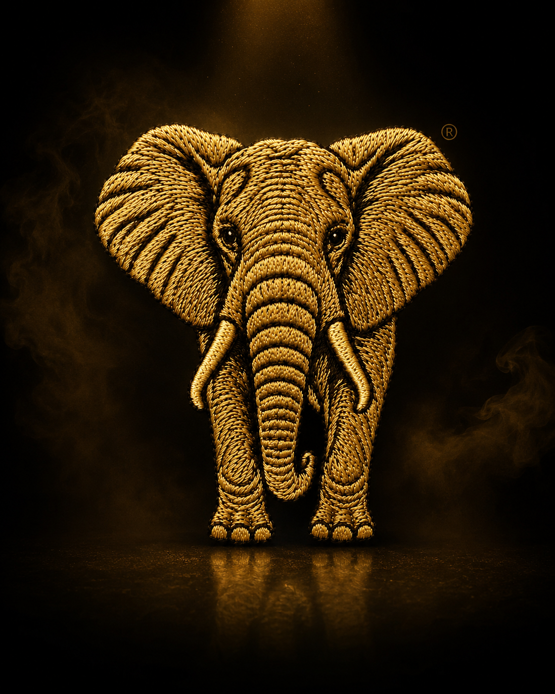 Gold Royal Seriti elephant artwork emerging from a dark haze